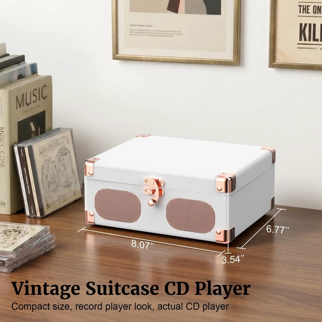 Alt view image 6 of 7 - CD Player with Speakers Retro Portable CD Players for Home Music Player with Remote Control,V5.4 Bluetooth in&Out Desktop Suitcase CD Player with AUX in, Headphone Jack,USB PlaybackWhite