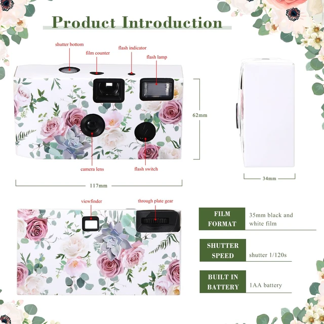 Alt view image 3 of 7 - 10 Pack Disposable Camera Bulk for Wedding 35mm Single Use Camera Bulk with Flash Black and White Film for Gathering Wedding Travel, Pink Rose, Black and White Film