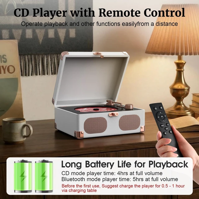 Alt view image 7 of 7 - CD Player with Speakers Retro Portable CD Players for Home Music Player with Remote Control,V5.4 Bluetooth in&Out Desktop Suitcase CD Player with AUX in, Headphone Jack,USB PlaybackWhite