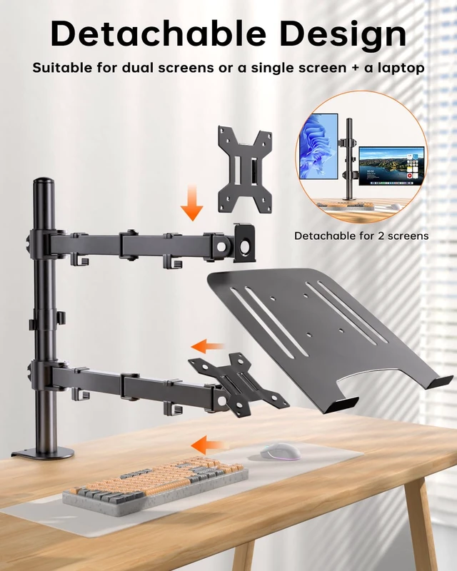 Alt view image 2 of 7 - Dual Monitor and Laptop Stand for 13-32" Monitor & 11-17" Laptop Removable laptop tray converts to a dual monitor mount with full-motion adjustment for work and gaming, up to 18 lb per arm