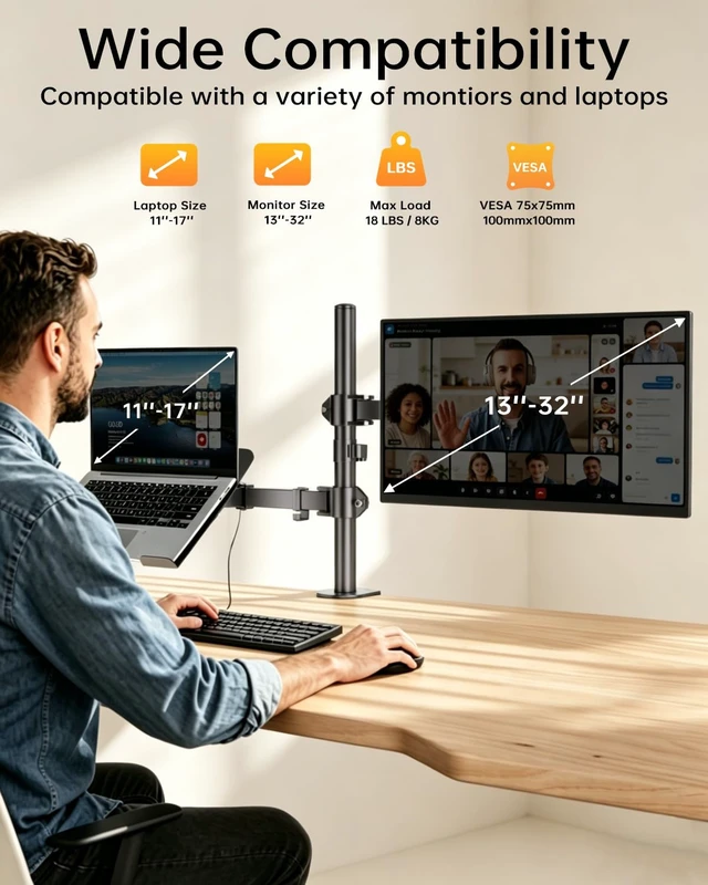 Alt view image 3 of 7 - Dual Monitor and Laptop Stand for 13-32" Monitor & 11-17" Laptop Removable laptop tray converts to a dual monitor mount with full-motion adjustment for work and gaming, up to 18 lb per arm