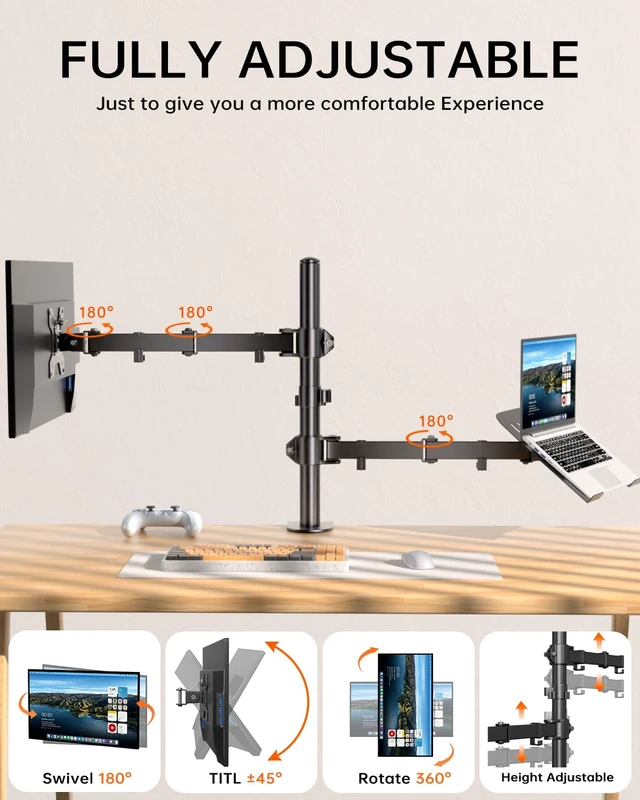 Alt view image 4 of 7 - Dual Monitor and Laptop Stand for 13-32" Monitor & 11-17" Laptop Removable laptop tray converts to a dual monitor mount with full-motion adjustment for work and gaming, up to 18 lb per arm