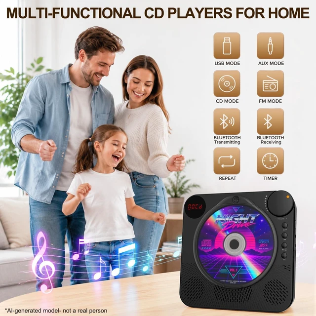 Alt view image 2 of 7 - Portable CD Player with Bluetooth 5.4 for Daily Home Use & Gift,Exercise Desktop CD Players with HiFi Speakers, LED Display, Remote Control, Charging Cable, Timer, FM Radio, USB, AUX, Headphone Jack