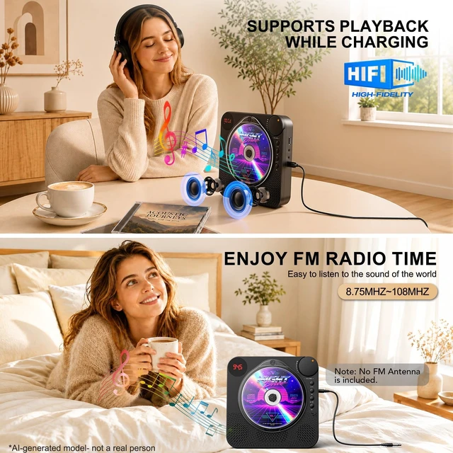 Alt view image 3 of 7 - Portable CD Player with Bluetooth 5.4 for Daily Home Use & Gift,Exercise Desktop CD Players with HiFi Speakers, LED Display, Remote Control, Charging Cable, Timer, FM Radio, USB, AUX, Headphone Jack
