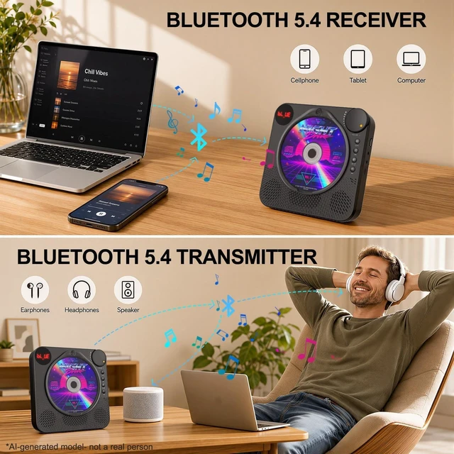 Alt view image 4 of 7 - Portable CD Player with Bluetooth 5.4 for Daily Home Use & Gift,Exercise Desktop CD Players with HiFi Speakers, LED Display, Remote Control, Charging Cable, Timer, FM Radio, USB, AUX, Headphone Jack