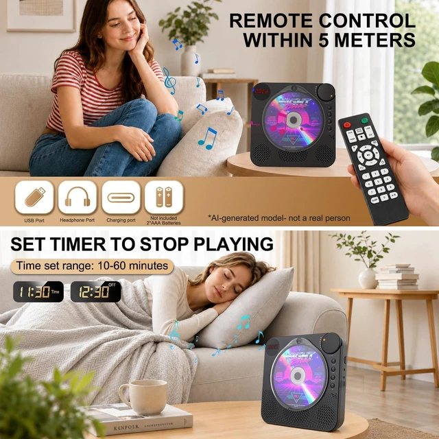 Alt view image 5 of 7 - Portable CD Player with Bluetooth 5.4 for Daily Home Use & Gift,Exercise Desktop CD Players with HiFi Speakers, LED Display, Remote Control, Charging Cable, Timer, FM Radio, USB, AUX, Headphone Jack