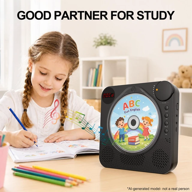 Alt view image 6 of 7 - Portable CD Player with Bluetooth 5.4 for Daily Home Use & Gift,Exercise Desktop CD Players with HiFi Speakers, LED Display, Remote Control, Charging Cable, Timer, FM Radio, USB, AUX, Headphone Jack