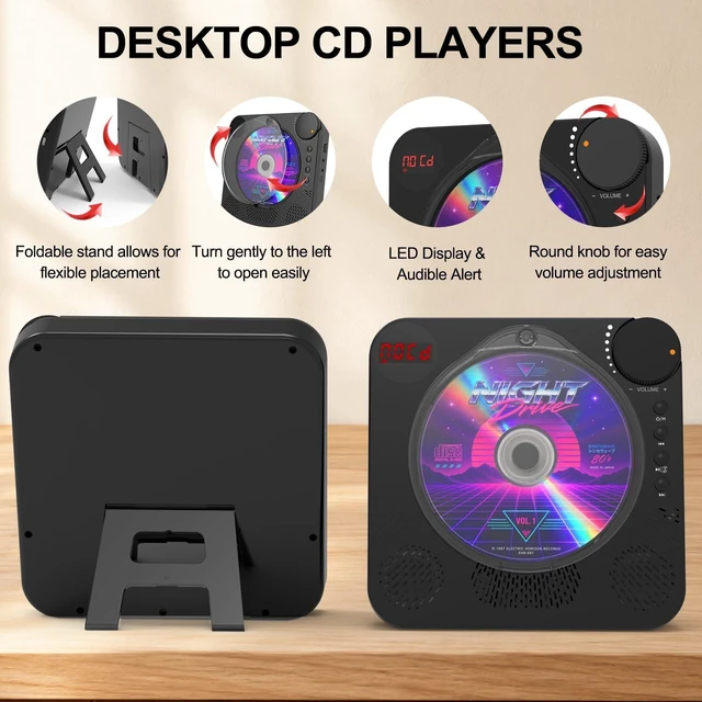 Alt view image 7 of 7 - Portable CD Player with Bluetooth 5.4 for Daily Home Use & Gift,Exercise Desktop CD Players with HiFi Speakers, LED Display, Remote Control, Charging Cable, Timer, FM Radio, USB, AUX, Headphone Jack