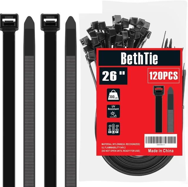 Main image of 26 Inch Black Heavy Duty Zip Ties 120 Pcs Large Cable Ties 300 LBS Ultra Strong Plastic Wire Ties UV Resistant, Extra Long Wire Ties, Big Tie Wraps for Indoor Outdoor Cable Management