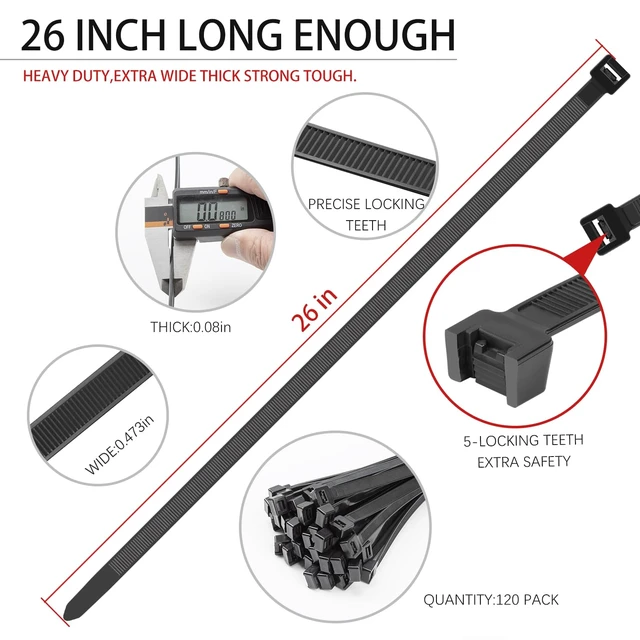 Alt view image 2 of 6 - 26 Inch Black Heavy Duty Zip Ties 120 Pcs Large Cable Ties 300 LBS Ultra Strong Plastic Wire Ties UV Resistant, Extra Long Wire Ties, Big Tie Wraps for Indoor Outdoor Cable Management