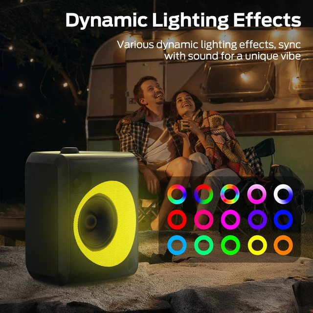Alt view image 5 of 7 - Musicbox Bluetooth Speaker, 60W Loud Portable Wireless Speaker with Dynamic RGB Lighting, Speakers for Outdoor, Stereo Sound, 12H Playtime, IPX5 Water Resistant, Supports TF Card, AUX, Black