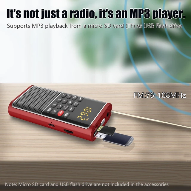 Alt view image 2 of 7 - Small FM Radio Portable TF Card/USB Player,Rechargeable Battery Operated Mini Pocket Radio Walkman,USB/TF Card Slot,Audiobook Audio MP3 Play,Numeric Key,with Wristband,Excellent Reception and Sound