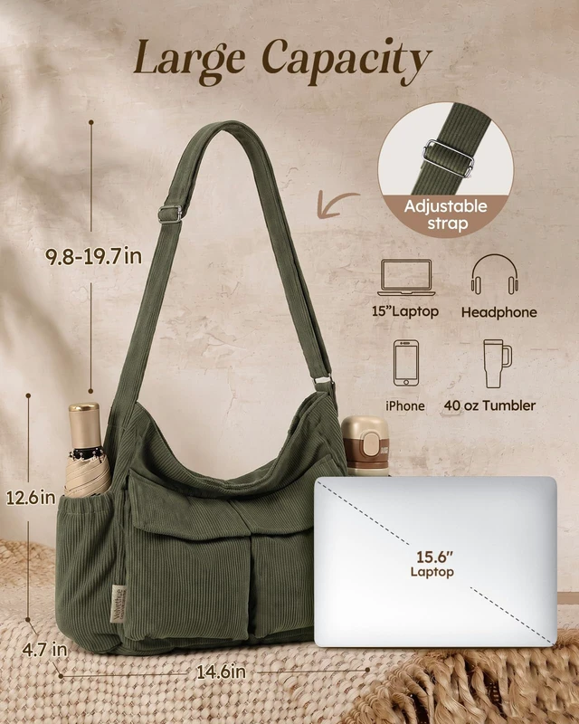Alt view image 5 of 6 - Corduroy Messenger Hobo Bag, Crossbody Tote Bag Aesthetic, Large, Fits 15.6 Inch Laptop, Multi Pockets, for College, Work, Travel