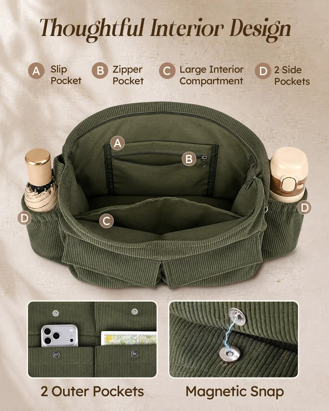 Alt view image 4 of 6 - Corduroy Messenger Hobo Bag, Crossbody Tote Bag Aesthetic, Large, Fits 15.6 Inch Laptop, Multi Pockets, for College, Work, Travel