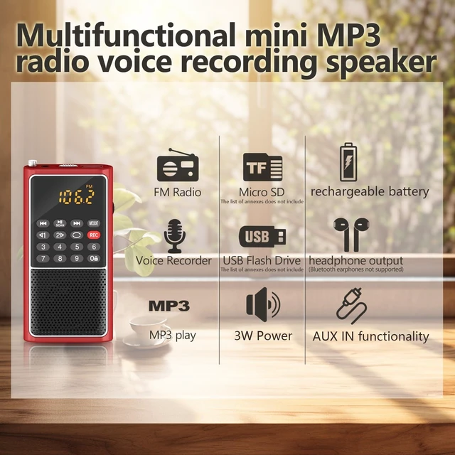 Alt view image 4 of 7 - Small FM Radio Portable TF Card/USB Player,Rechargeable Battery Operated Mini Pocket Radio Walkman,USB/TF Card Slot,Audiobook Audio MP3 Play,Numeric Key,with Wristband,Excellent Reception and Sound