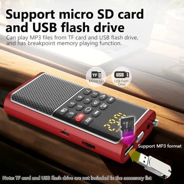 Alt view image 7 of 7 - Small FM Radio Portable TF Card/USB Player,Rechargeable Battery Operated Mini Pocket Radio Walkman,USB/TF Card Slot,Audiobook Audio MP3 Play,Numeric Key,with Wristband,Excellent Reception and Sound
