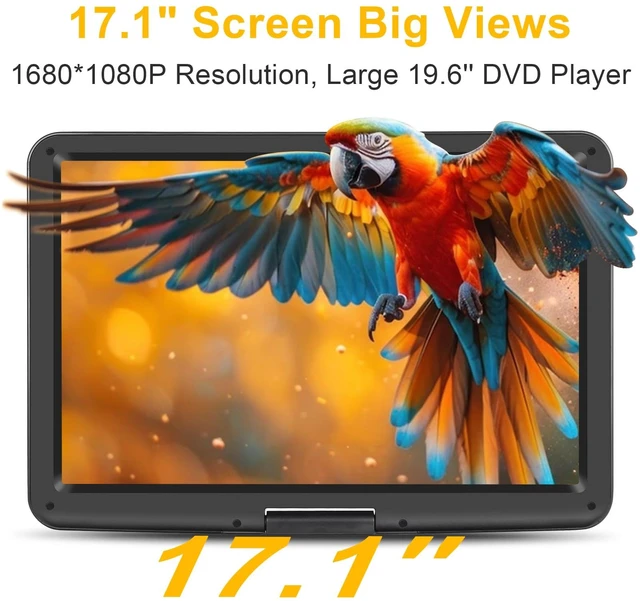 Alt view image 2 of 7 - 19.6" Portable DVD Player 17.1" HD Screen, 6H Battery, Car Charger 270° Swivel Screen, Region-Free, USB/SD up to 32GB, Sync to TV, Dual Speakers, for Road Trips & Family Movie Nights
