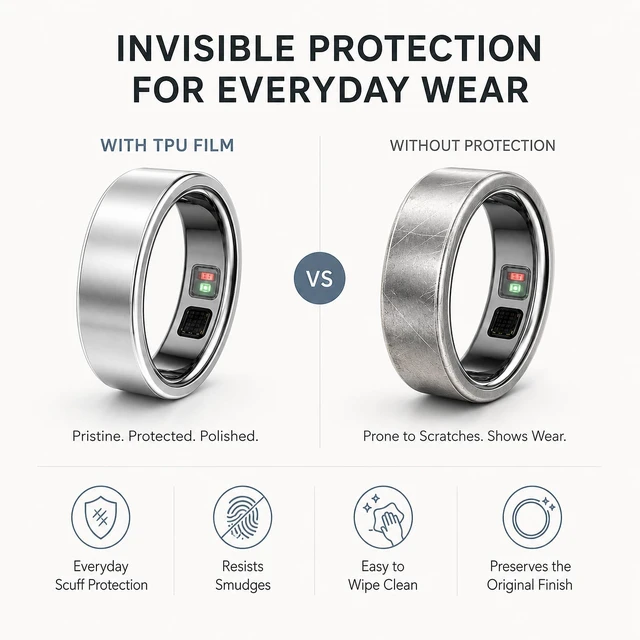 Alt view image 6 of 7 - 10-Pack Ultra Thin TPU Ring Protector Film for Oura Ring 5 Size 13 Clear TPU protector film for Oura Ring 5 helps reduce daily scuffs, preserves the original look, and stays on while charging