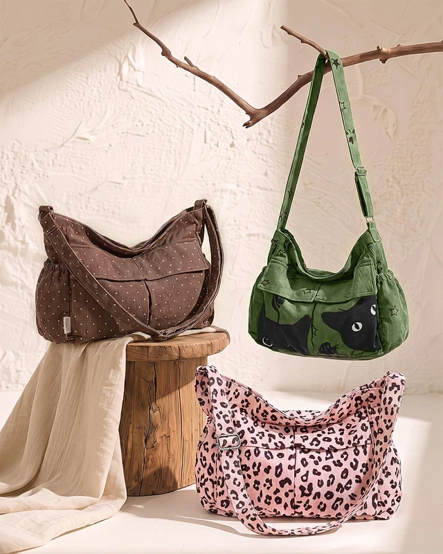 Alt view image 6 of 6 - Corduroy Messenger Hobo Bag, Crossbody Tote Bag Aesthetic, Large, Fits 15.6 Inch Laptop, Multi Pockets, for College, Work, Travel