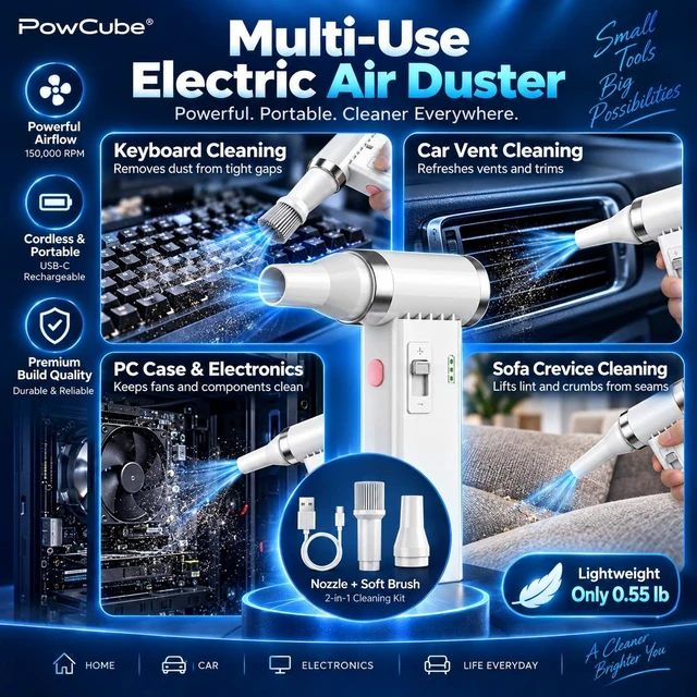 Alt view image 2 of 6 - Mini Ultra-Slim Electric Compressed Air Duster 150,000RPM Super Power, Rechargeable Cordless Air Duster, Powerful Airflow for Computer, Keyboard, Outdoor, House and Car