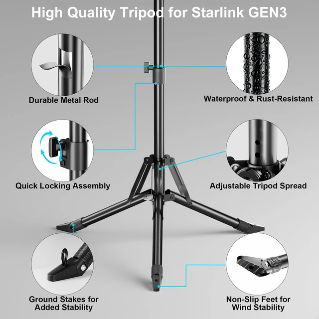 Alt view image 6 of 7 - Starlink Gen 3 Stand, 0-180° Angle & Height Adjustable Tripod Mount Compatible with Starlink Gen 3, Standard 4 & 4X, Heavy-Duty Foldable Design with Ground Nail for RV & Outdoor Camping