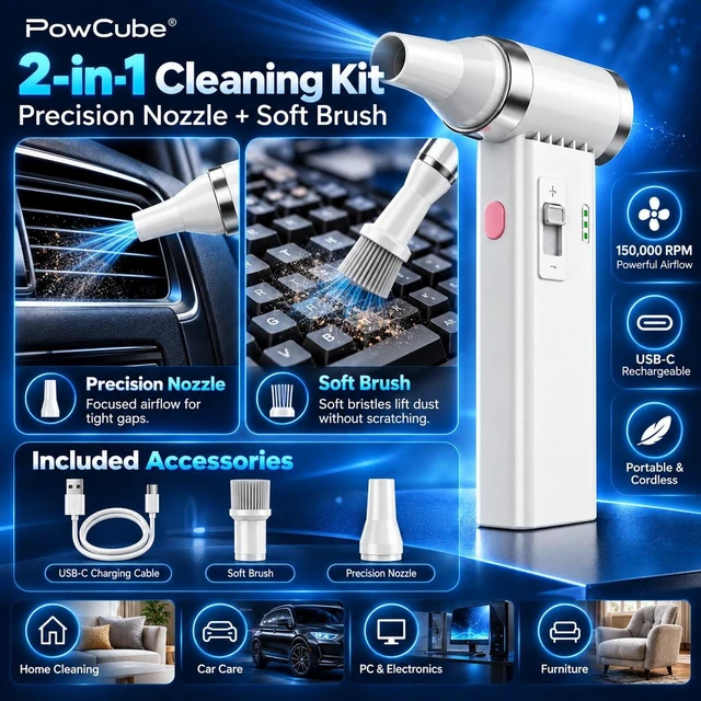 Alt view image 5 of 6 - Mini Ultra-Slim Electric Compressed Air Duster 150,000RPM Super Power, Rechargeable Cordless Air Duster, Powerful Airflow for Computer, Keyboard, Outdoor, House and Car
