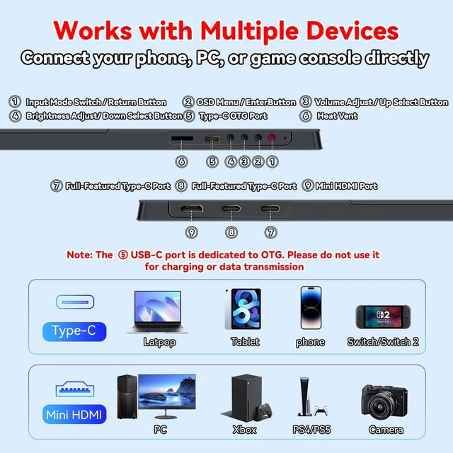Alt view image 7 of 7 - S123E 12.3 Inches Portable Monitor Touchscreen Monitor for Switch/Switch 2 1920 x1280 Ultra Slim Mini Travel Monitor 1280P IPS Display 100% sRGB for Laptop Surface PC Xbox PS4/5 and Office