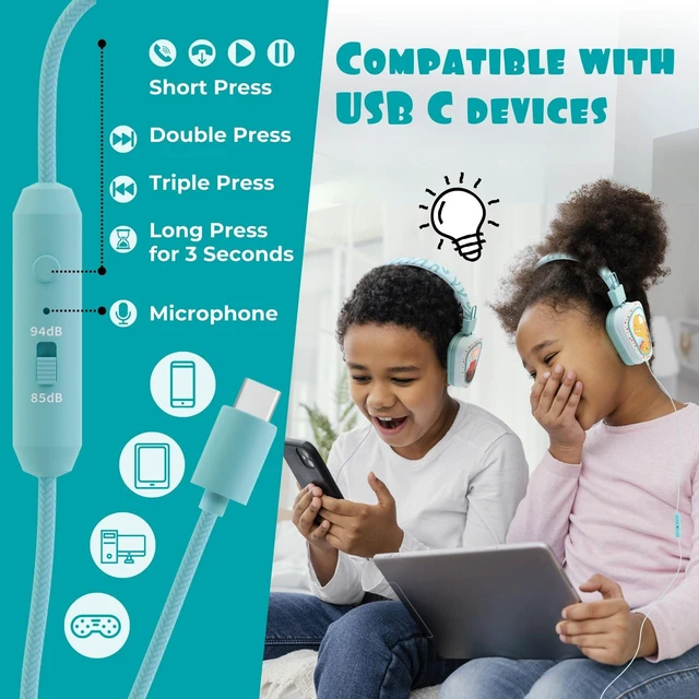 Alt view image 4 of 7 - ® Kids Headphones Wired LED Lights with Microphone, Durable and Flexible, Volume Limited 85/94db Kid Safe Dinosaur Headphones for Kids, Perfect for School or Travel. USB C Wired