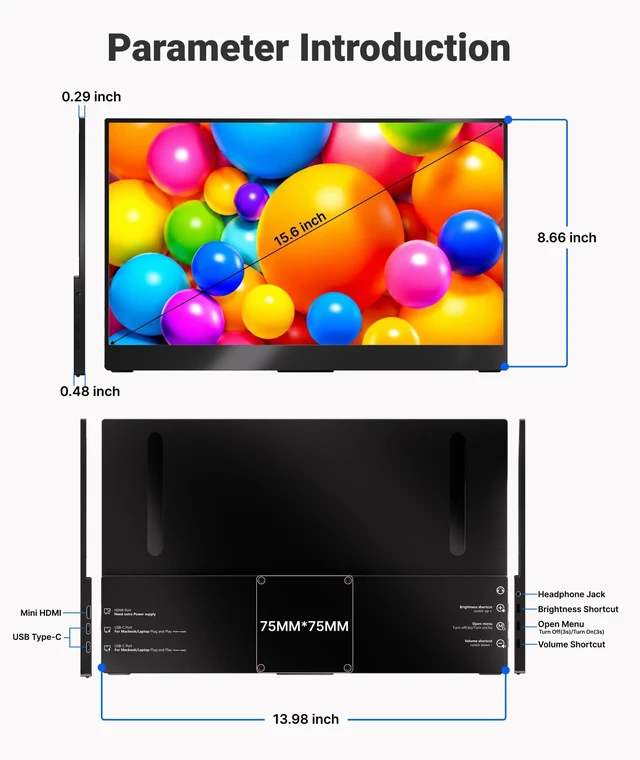 Alt view image 4 of 4 - Portable Monitor for Laptop,15.6'' 1080P, with Magnetic Case Dual USB C,Mini HDMI Connection,FHD IPS Monitor Portatil for Laptop Mac,mini PC,60Hz, Built-in speakers,EyeCare