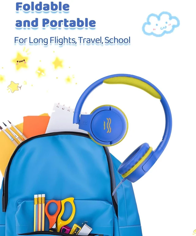 Alt view image 5 of 5 - Wired Kids Headphones with Mic, 85/94dB Safe Volume Control, Foldable On-Ear Headset for School, Travel, Tablet & Laptop, 3.5mm Jack, Blue/Lime Green