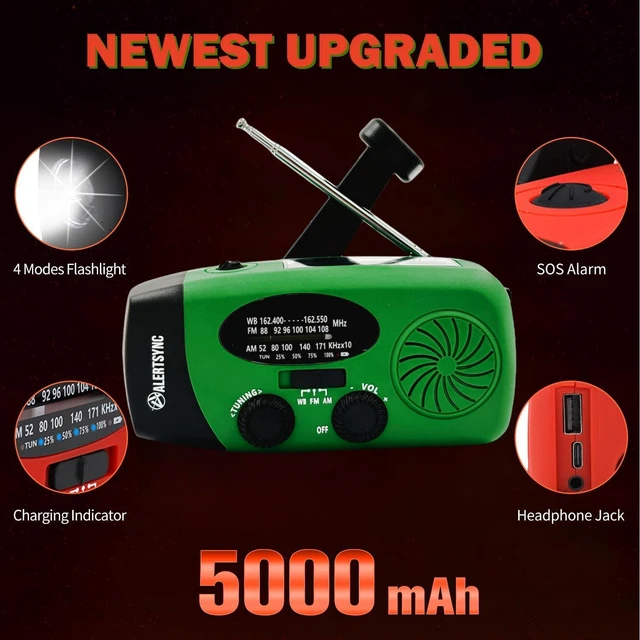 Alt view image 3 of 7 - Solar Emergency Hand Crank Weather Radio, 5000mAh NOAA AM/FM Portable Self Powered Radios with SOS Alarm LED Flashlight Smart Phone USB Charger for Camping (Green)