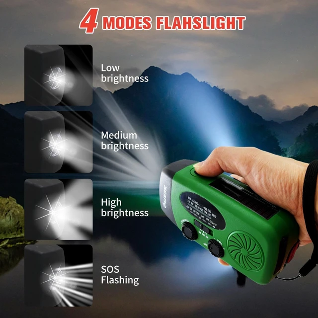 Alt view image 4 of 7 - Solar Emergency Hand Crank Weather Radio, 5000mAh NOAA AM/FM Portable Self Powered Radios with SOS Alarm LED Flashlight Smart Phone USB Charger for Camping (Green)