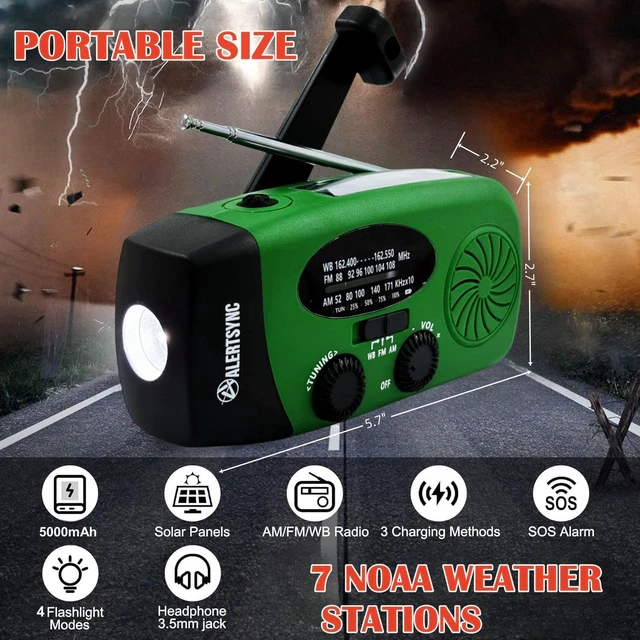 Alt view image 7 of 7 - Solar Emergency Hand Crank Weather Radio, 5000mAh NOAA AM/FM Portable Self Powered Radios with SOS Alarm LED Flashlight Smart Phone USB Charger for Camping (Green)