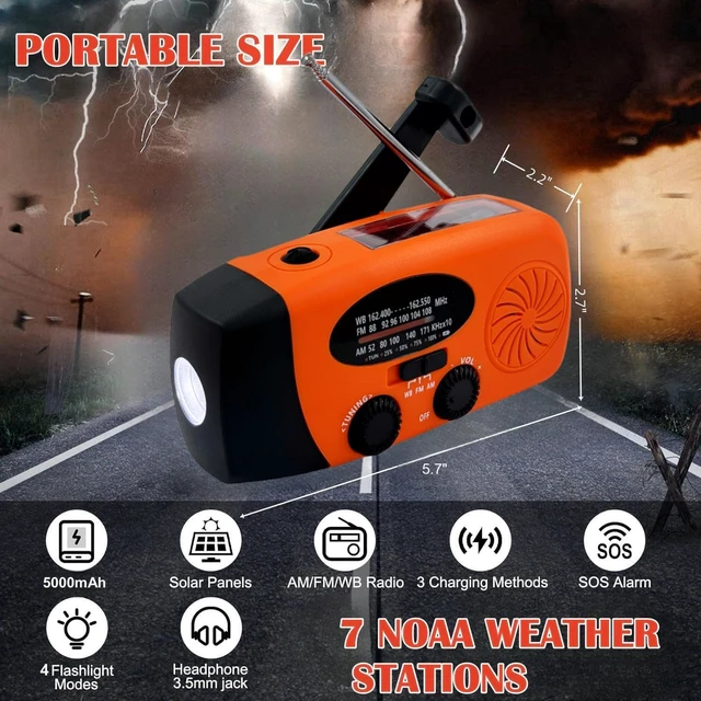 Alt view image 7 of 7 - Solar Emergency Hand Crank Weather Radio, 5000mAh NOAA AM/FM Portable NOAA AM/FM Radios with SOS Alarm LED Flashlight 5000mAh Smart Phone USB Charger for Camping (Orange)