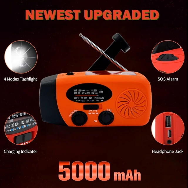 Alt view image 3 of 7 - Solar Emergency Hand Crank Weather Radio, 5000mAh NOAA AM/FM Portable NOAA AM/FM Radios with SOS Alarm LED Flashlight 5000mAh Smart Phone USB Charger for Camping (Orange)