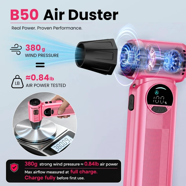 Alt view image 2 of 7 - B50 Compressed Air Duster & Vacuum Cleaner, 0.6 lb Lightweight Powerful Mini Blower, Smart Display & Variable Speed, Rechargeable Air Duster for Keyboard, PC, Computer,Vanity, Desk, Car & Home Pink