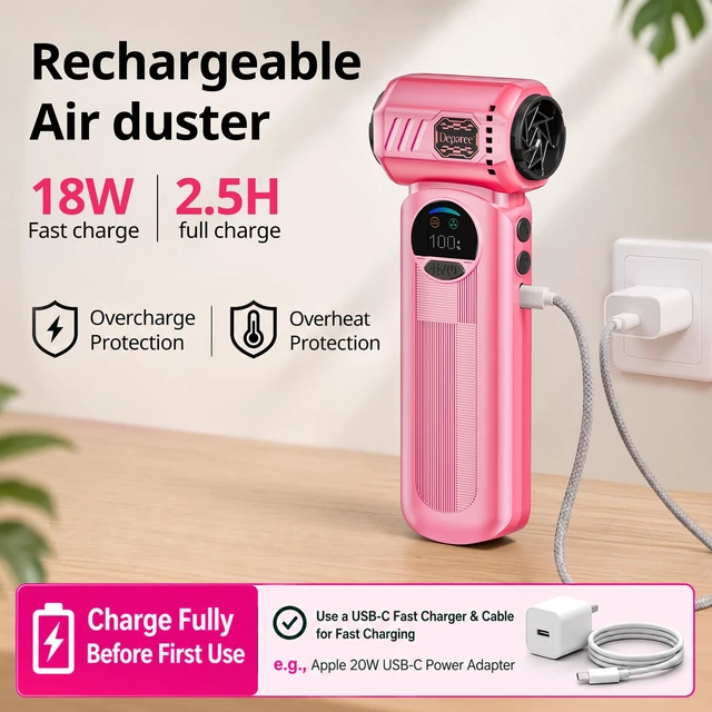 Alt view image 6 of 7 - B50 Compressed Air Duster & Vacuum Cleaner, 0.6 lb Lightweight Powerful Mini Blower, Smart Display & Variable Speed, Rechargeable Air Duster for Keyboard, PC, Computer,Vanity, Desk, Car & Home Pink