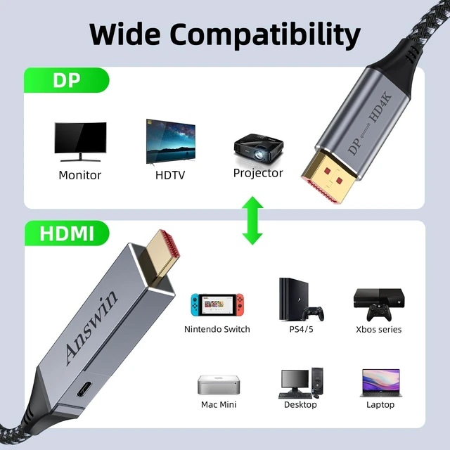 Alt view image 5 of 7 - Bidirectional HDMI to DisplayPort Cable 4K@60Hz Displayport to HDMI 6Ft 2K@120Hz HDMI to DisplayPort Adapter for PS5, Xbox, PC, Laptop, AMD, NVIDIA, Monitor TV, DP to HDMI & Display Port to HDMI