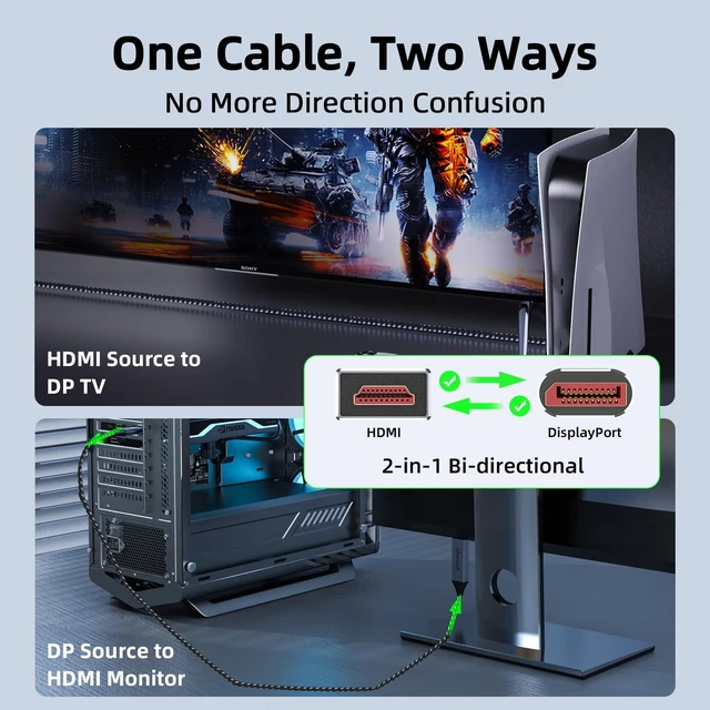 Alt view image 2 of 7 - Bidirectional HDMI to DisplayPort Cable 4K@60Hz Displayport to HDMI 6Ft 2K@120Hz HDMI to DisplayPort Adapter for PS5, Xbox, PC, Laptop, AMD, NVIDIA, Monitor TV, DP to HDMI & Display Port to HDMI