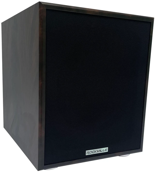 Main image of Rock Shaker 8" Dark Wood Powered Subwoofer Home Theater 400W Peak, 200W RMS, RCA and High-Level Input/Output, Phase and Crossover Controls, Rear-Ported MDF Enclosure, Class D Amp