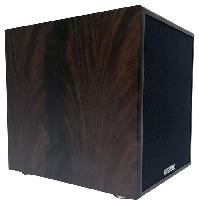 Alt view image 3 of 7 - Rock Shaker 8" Dark Wood Powered Subwoofer Home Theater 400W Peak, 200W RMS, RCA and High-Level Input/Output, Phase and Crossover Controls, Rear-Ported MDF Enclosure, Class D Amp
