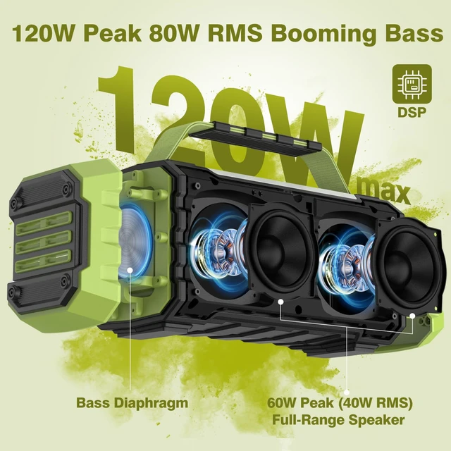 Alt view image 2 of 7 - Portable Bluetooth Speaker 120W Peak 80W Wireless Speakers, TWS Pairing, Deep Bass, Hi-Fi Loud Speaker, IPX6 Waterproof, DSP Sound Boombox for Outdoor, Camping, Party, Beach