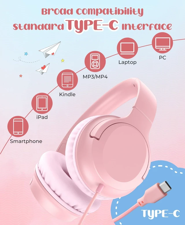 Alt view image 2 of 7 - Kids Headphones,Wired On-Ear Foldable Headphones for Kids,Light Pink Volume Limiter 94dB Kid Headphones for School Classes Travel, Lightweight Kids Headset Compatible PC iPad Tablet Kindle