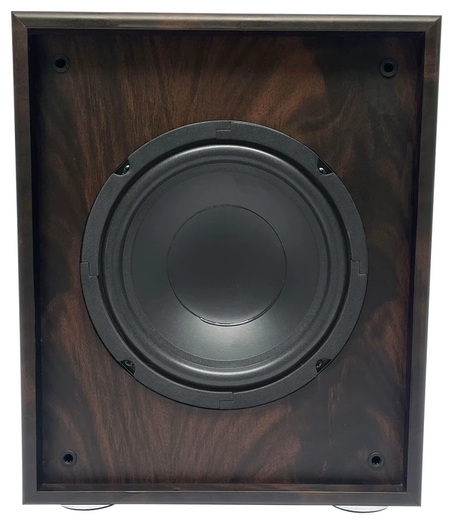 Alt view image 4 of 7 - Rock Shaker 8" Dark Wood Powered Subwoofer Home Theater 400W Peak, 200W RMS, RCA and High-Level Input/Output, Phase and Crossover Controls, Rear-Ported MDF Enclosure, Class D Amp