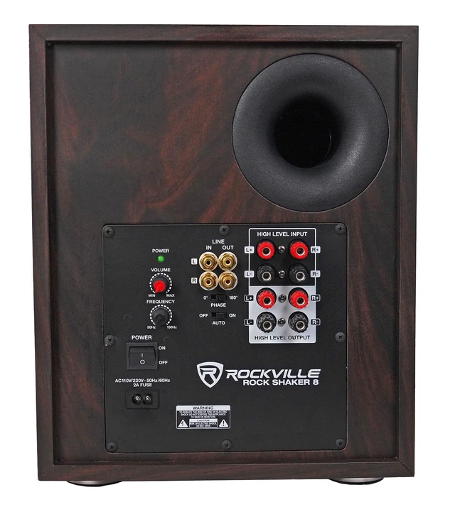 Alt view image 5 of 7 - Rock Shaker 8" Dark Wood Powered Subwoofer Home Theater 400W Peak, 200W RMS, RCA and High-Level Input/Output, Phase and Crossover Controls, Rear-Ported MDF Enclosure, Class D Amp