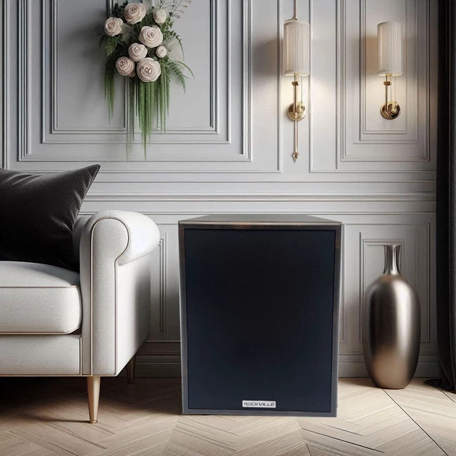 Alt view image 7 of 7 - Rock Shaker 8" Dark Wood Powered Subwoofer Home Theater 400W Peak, 200W RMS, RCA and High-Level Input/Output, Phase and Crossover Controls, Rear-Ported MDF Enclosure, Class D Amp