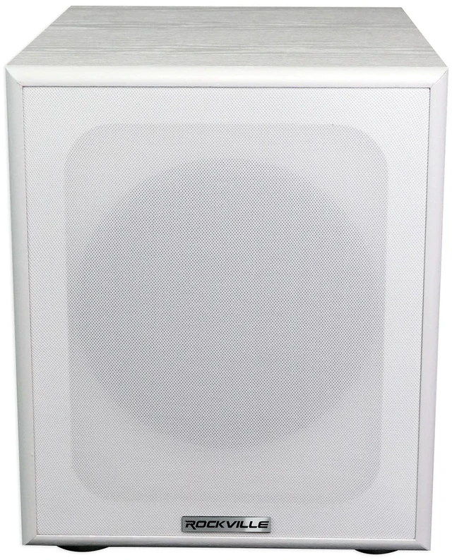 Main image of Rock Shaker 8" White Powered Subwoofer Home Theater 400W Peak, 200W RMS, RCA and High-Level Input/Output, Phase and Crossover Controls, Rear-Ported MDF Enclosure, Class D Amp
