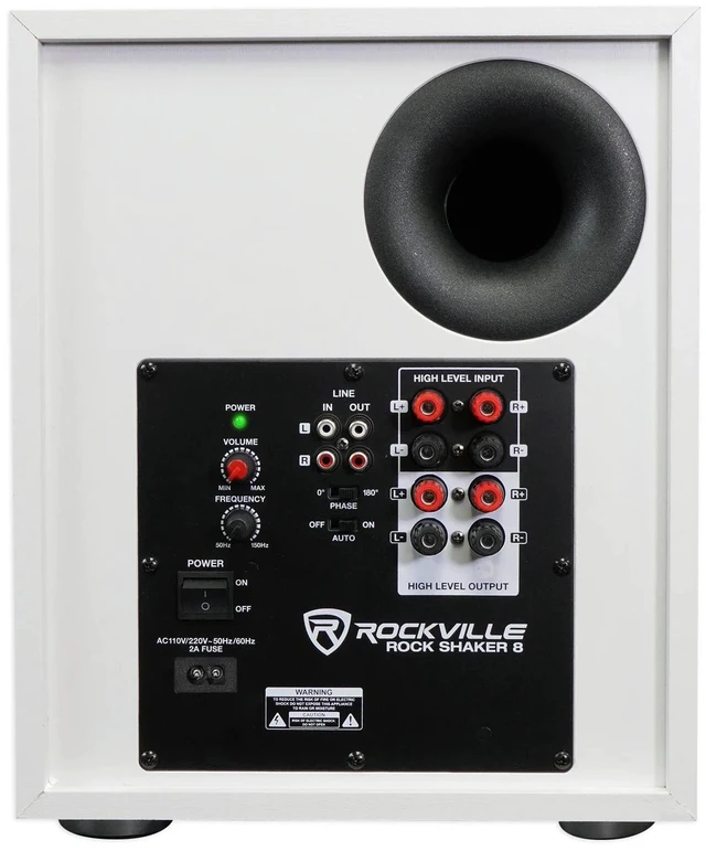 Alt view image 4 of 7 - Rock Shaker 8" White Powered Subwoofer Home Theater 400W Peak, 200W RMS, RCA and High-Level Input/Output, Phase and Crossover Controls, Rear-Ported MDF Enclosure, Class D Amp