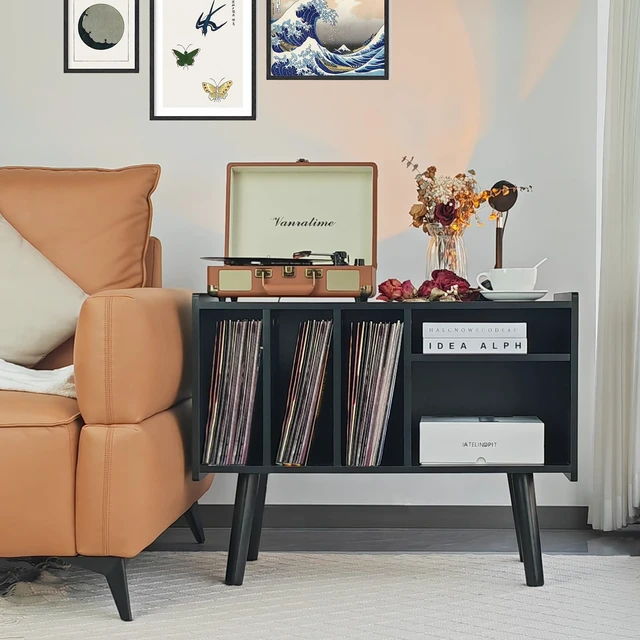 Alt view image 3 of 7 - Record Player Stand with Vinyl Storage Holds Up to 300lb, Large Record Player Table Cabinet for Album Storage with Holder Vinyl Display Shelf, Wood Turntable Stand for Bedroom Living Room (Black)