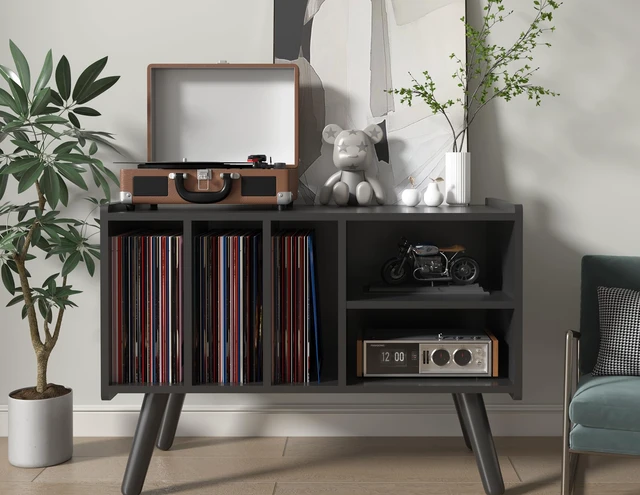 Alt view image 2 of 7 - Record Player Stand with Vinyl Storage Holds Up to 300lb, Large Record Player Table Cabinet for Album Storage with Holder Vinyl Display Shelf, Wood Turntable Stand for Bedroom Living Room (Black)